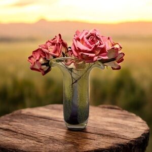 Teleflora Speckled Art Glass Vase Purple Green Flared Lip Hand Blown 8 Inch